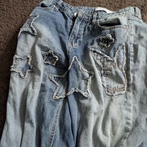 Blue Denim Women's Jeans with Star Embroidery